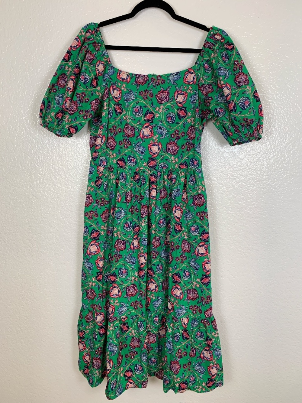 Falling Flowers Green Floral Midi Dress XL Cottagecore Puff Sleeve Smocked Back